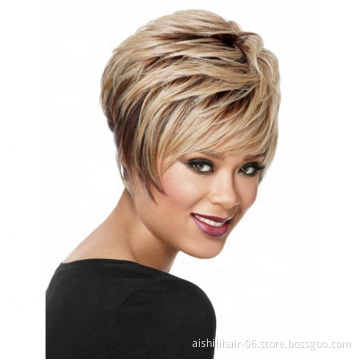 cheap short gold and brown synthetic wigs natural straight wig synthetic hair wig for women